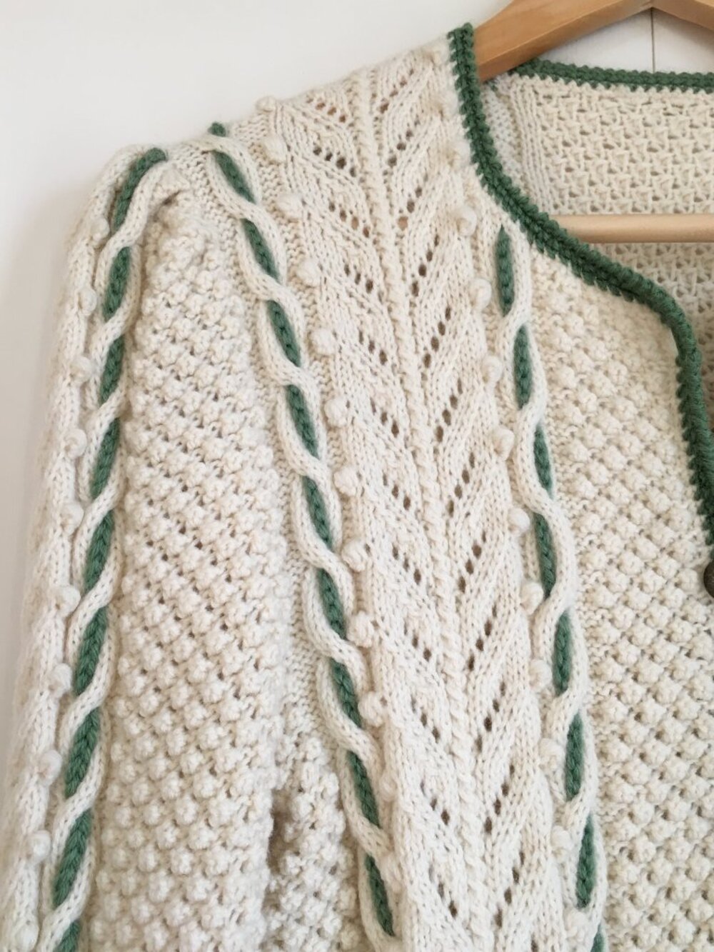 Vintage Hand-Knit Peplum Cardigan Sweater S Cream Sage Green Cable Whimsigoth - Picture 4 of 16